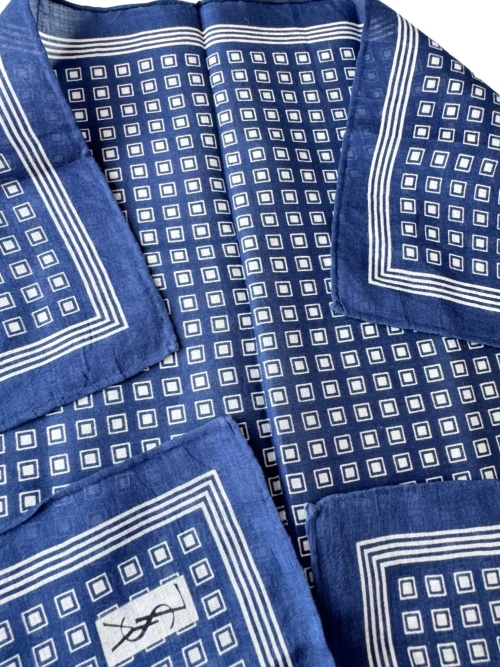 Vintage Yves Saint Laurent Handkerchief Navy Geometric Pocket Square Scarf 17.5